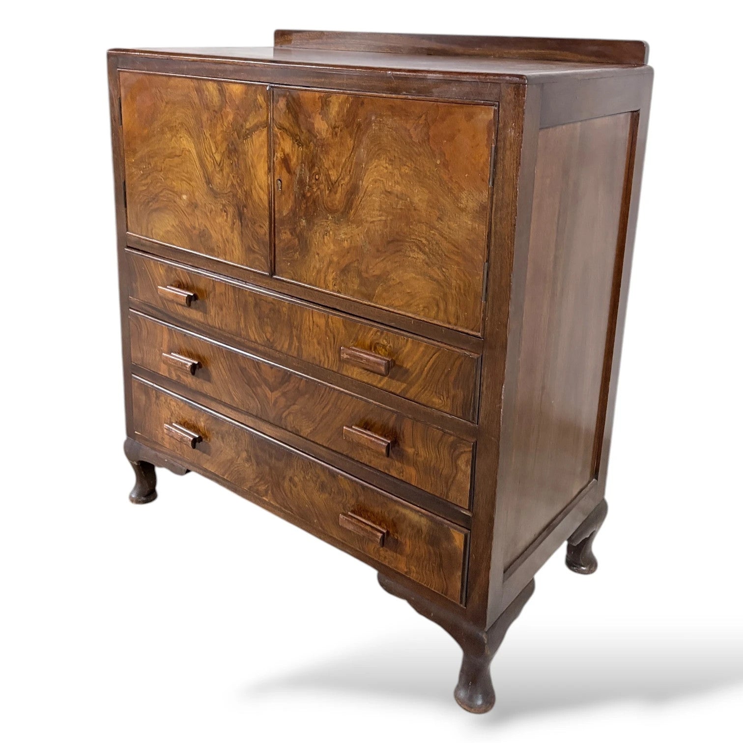 Walnut Burr Cabinet - Vintage Storage Cabinet With Solid Wood Handles & Curved Pad Feet — view 7