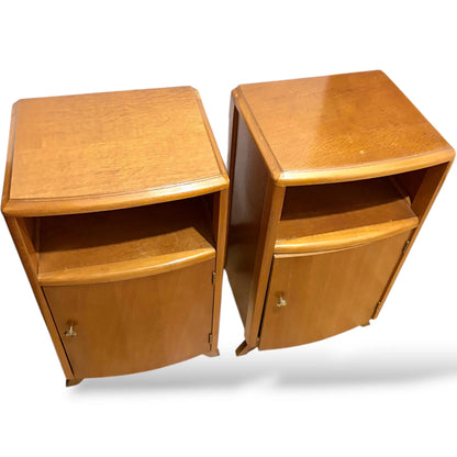Mid Century Bedside Cabinets – Compact Oak Nightstands with Cupboard Storage Pair