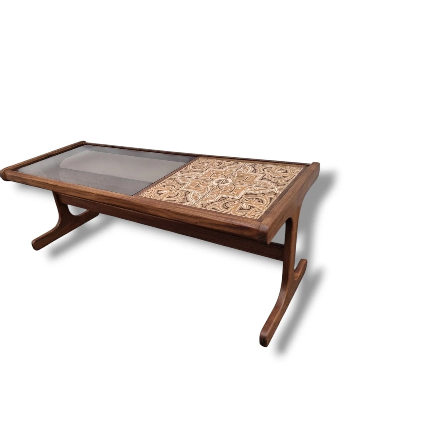 G Plan Coffee Table – Mid Century Teak Table with Smoked Glass Top & Patterned Tiles