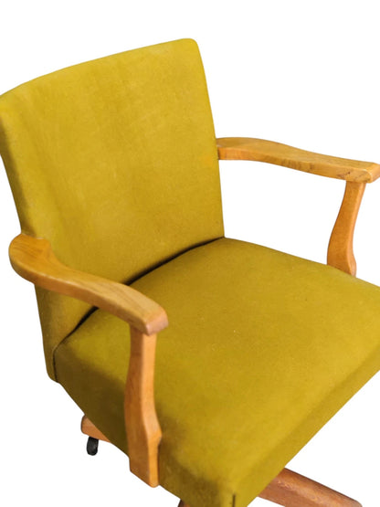 Vintage Swivel Desk Chair - Solid Oak Frame, Mustard Yellow Upholstery, Compact Design — view 7