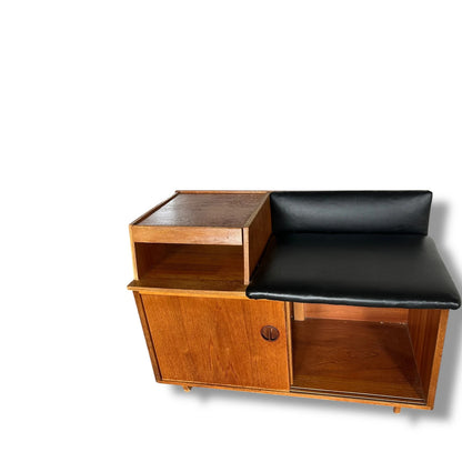 Vintage 1960s Chippy Heath Teak Telephone Table – Mid-Century Modern Hall Seat with Black Vinyl