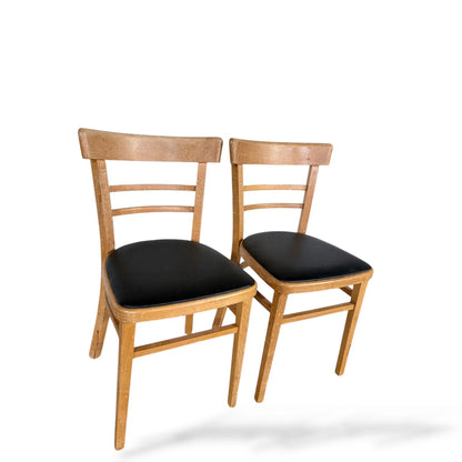 Pair of Vintage Beech Dining Chairs with Black Vinyl Seats – Mid-Century
