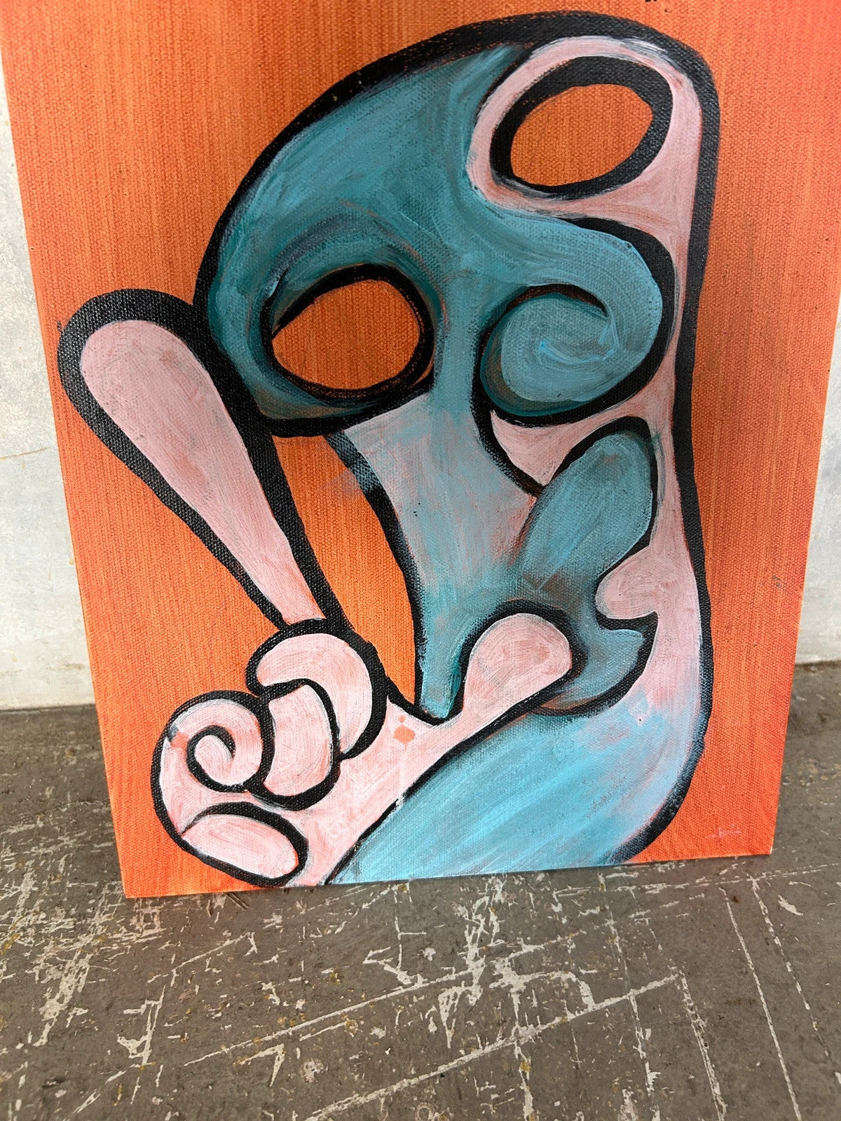 Vintage Abstract Painting – Outsider Art Portrait with Peace Sign – Mid Century Modern