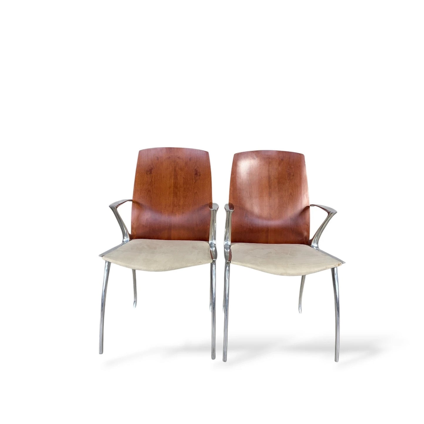 Pair of Japanese ‘Blade Runner’ Sculptural Chairs – Aluminium & Wood Futuristic Design