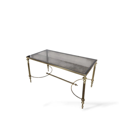 Vintage Brass and Smoked Glass Coffee Table – Hollywood Regency Rectangular Table Mid-Century
