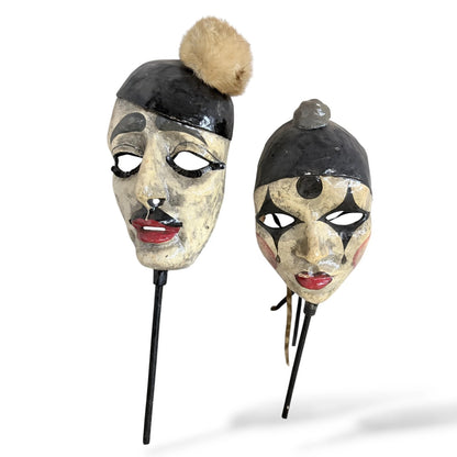 Pair of Vintage Puppet Head Masks – Papier-Mâché Theatre Figures
