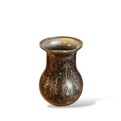 Vintage Brass and Silver Inlaid Vase – Hand-Etched Kashmiri Indian Bidri-Style Metalwork Vessel