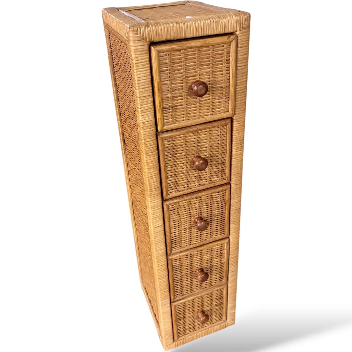 Vintage Wicker Tallboy Drawers – 1970s Natural Rattan Storage Unit Tallboy