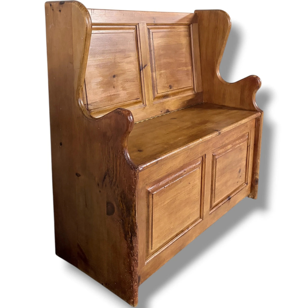 Antique Pine Monks Bench – Rustic Church Pew Style Hallway Storage Seat