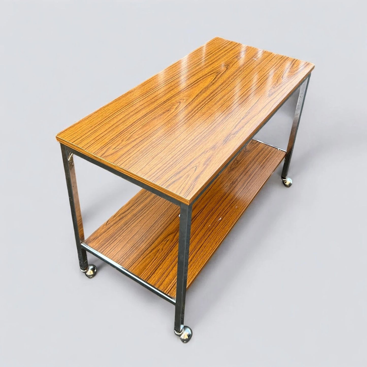 Mid Century Modern Walnut and Chrome Bar Drinks Trolley