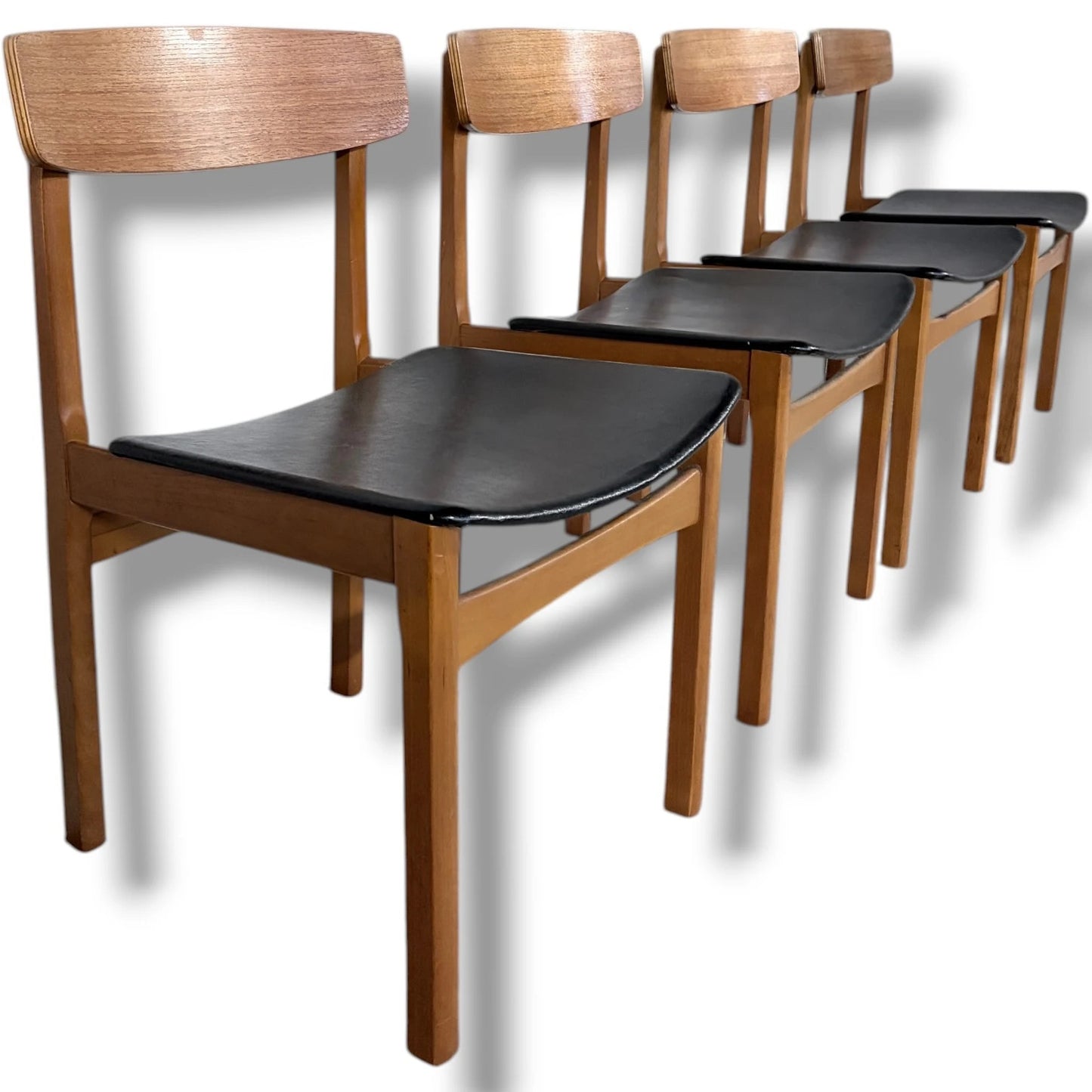 Vintage Teak Dining Chairs Set of Four – Mid Century Modern Vinyl Seats