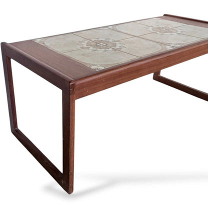 Mid-Century Coffee Table - Tile Top Table with Floral Ceramic Inset & Wooden Frame