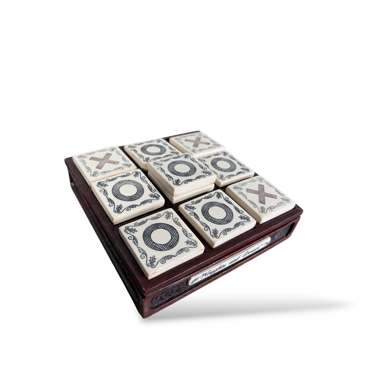 Carved Wood & Tile Noughts and Crosses Game – Vintage Tic Tac Toe Set