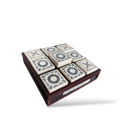 Carved Wood & Tile Noughts and Crosses Game – Vintage Tic Tac Toe Set