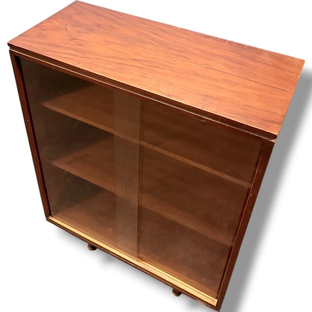 Mid Century Bookcase - Walnut Veneer Glazed Bookshelf With Sliding Doors