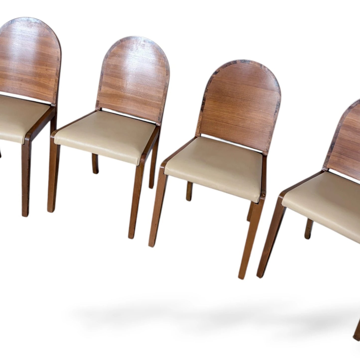Art Deco Dining Chairs – Walnut Set of Four with Cream Upholstery, Vintage Style