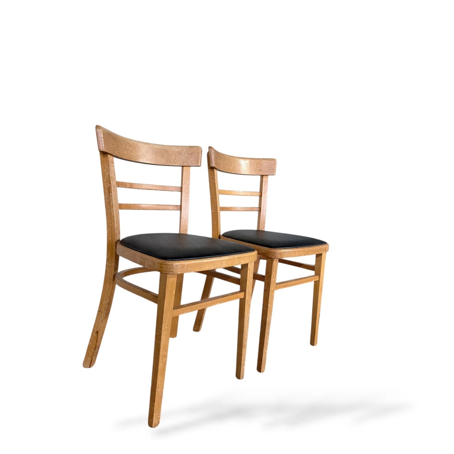 Pair of Vintage Beech Dining Chairs with Black Vinyl Seats – Mid-Century