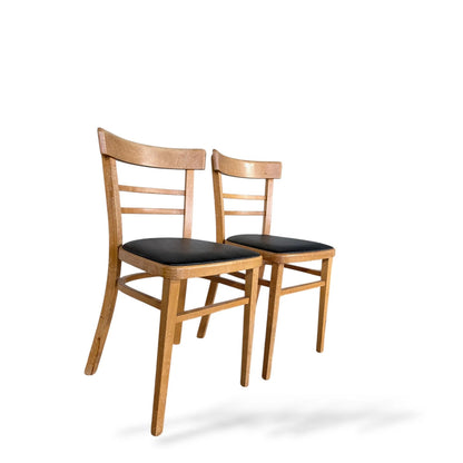 Pair of Vintage Beech Dining Chairs with Black Vinyl Seats – Mid-Century