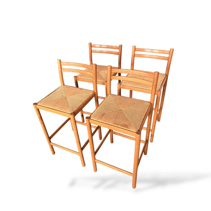 Set of 4 Mid-Century Beech & Rush Bar Stools – 1970s Habitat / Magistretti Style