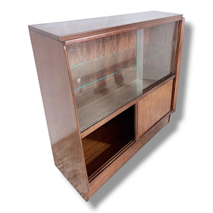 Vintage Sliding Door Bookcase | Mid Century Wooden Display Cabinet With Adjustable Glass Shelves