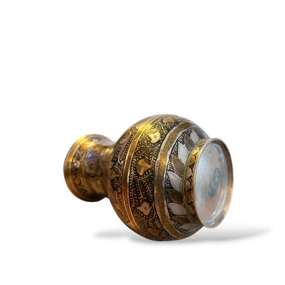 Vintage Brass and Silver Inlaid Vase – Hand-Etched Kashmiri Indian Bidri-Style Metalwork Vessel