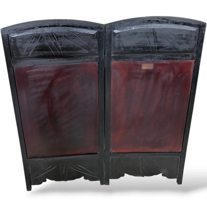 Japanese Lacquered Two-Panel Folding Screen – Hand-Carved & Painted Divider
