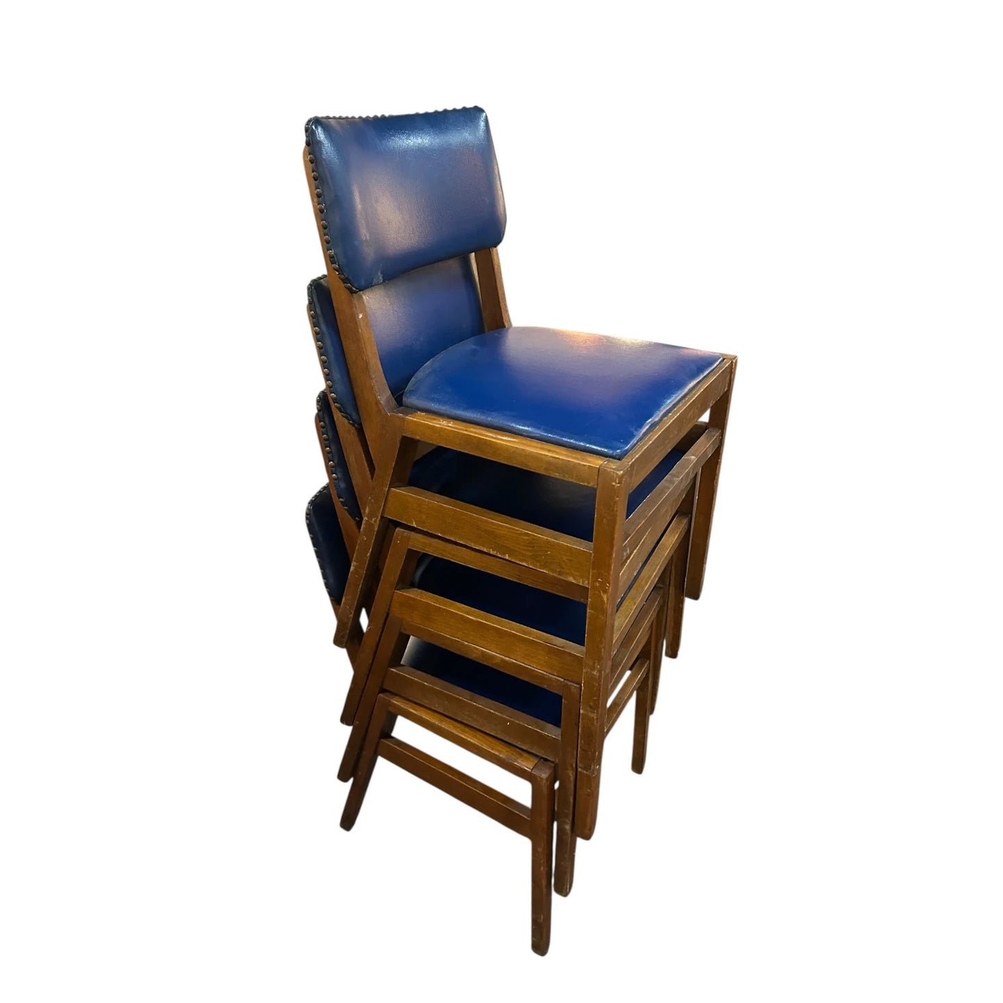 Set of 4 Vintage 1960s Ben Stoe Stacking Dining Chairs – Blue Vinyl & Teak Frame