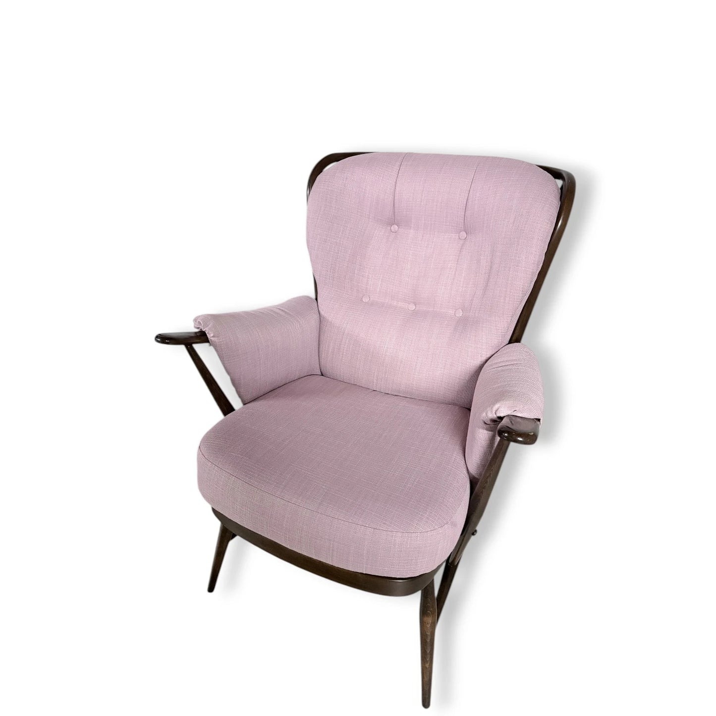 Ercol Everest Armchair – Mid Century Dark Beech Frame | Dusty Pink Upholstery