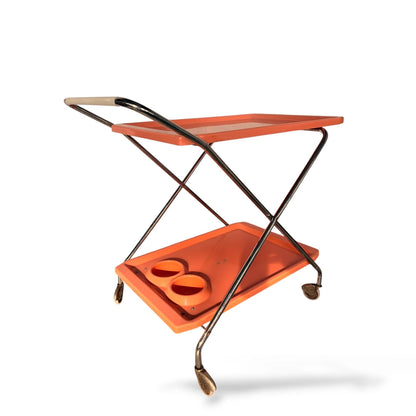 Vintage 1970s Italian Orange & Chrome Drinks Trolley