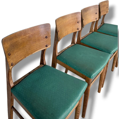 Vintage Oak Dining Chairs - Set of Four Solid Oak Chairs with Green Upholstered Seats