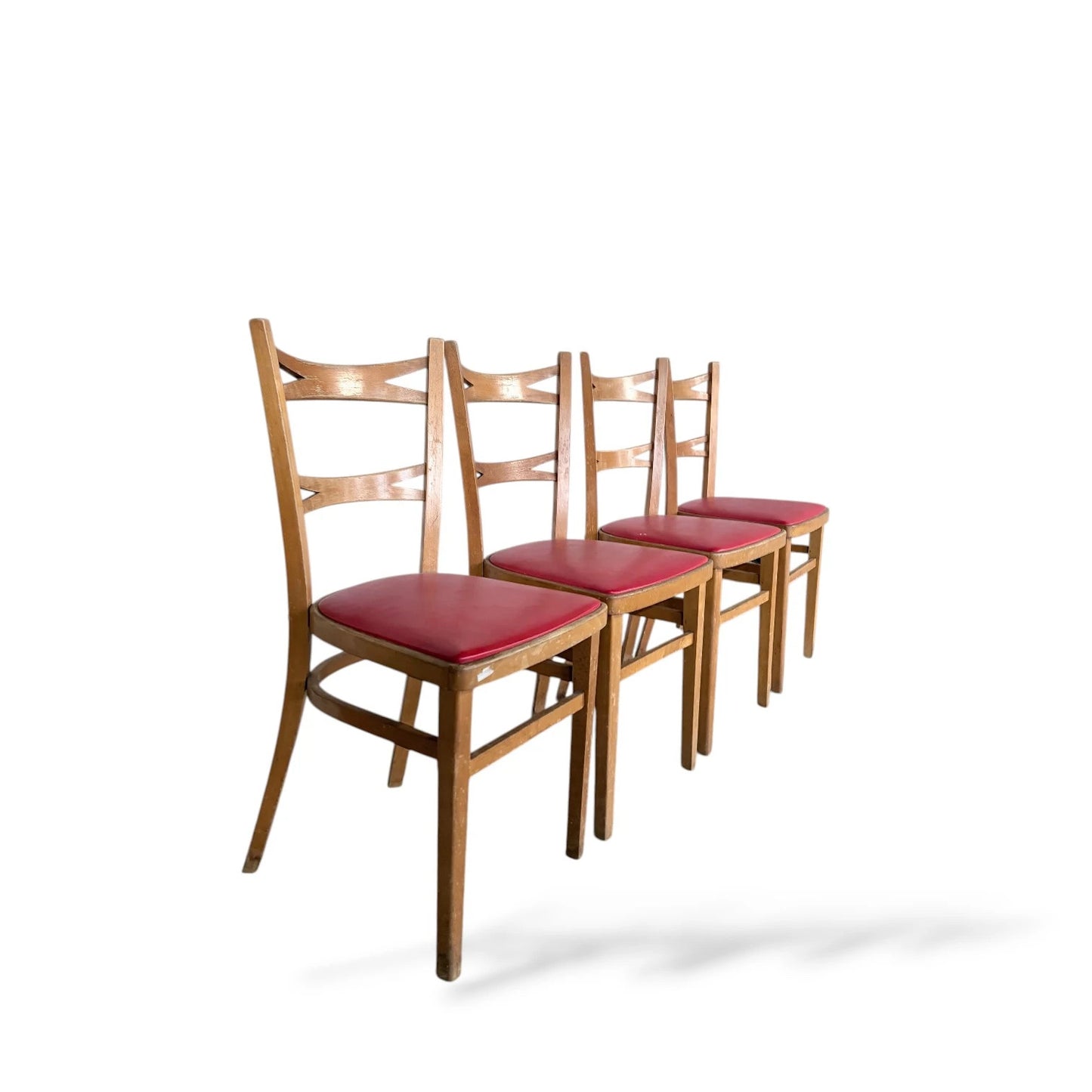 Set of 4 Vintage Dining Chairs with Red Vinyl Seats – 1950s Retro
