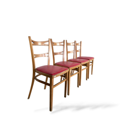 Set of 4 Vintage Dining Chairs with Red Vinyl Seats – 1950s Retro