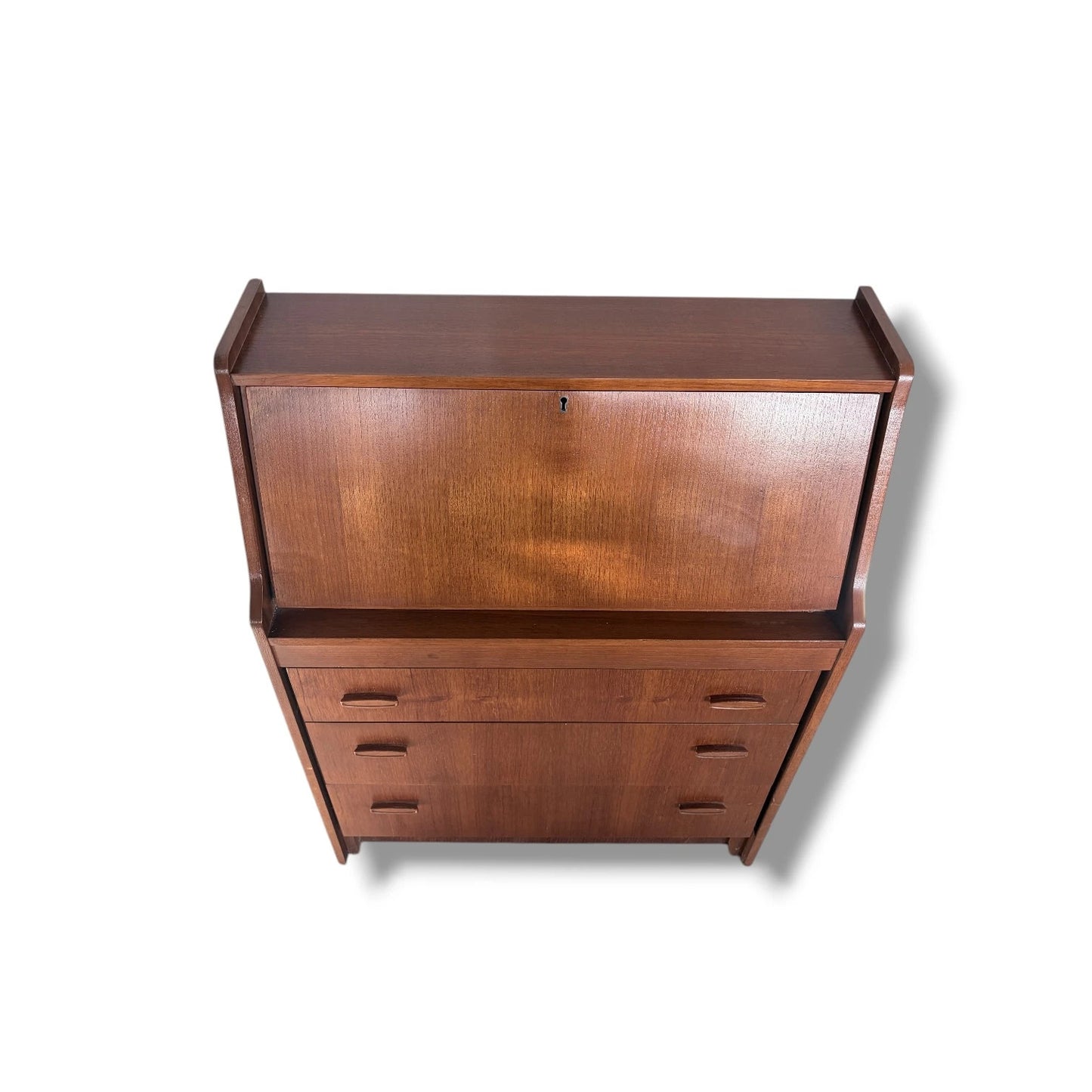 Mid Century Teak Bureau – Danish Modern Desk With Teak Wood Drawers & Drop Front — view 8