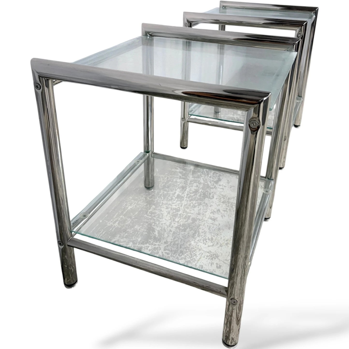 Chrome Glass Bedside Tables – Mid Century Modern Square Two Tier Nightstands