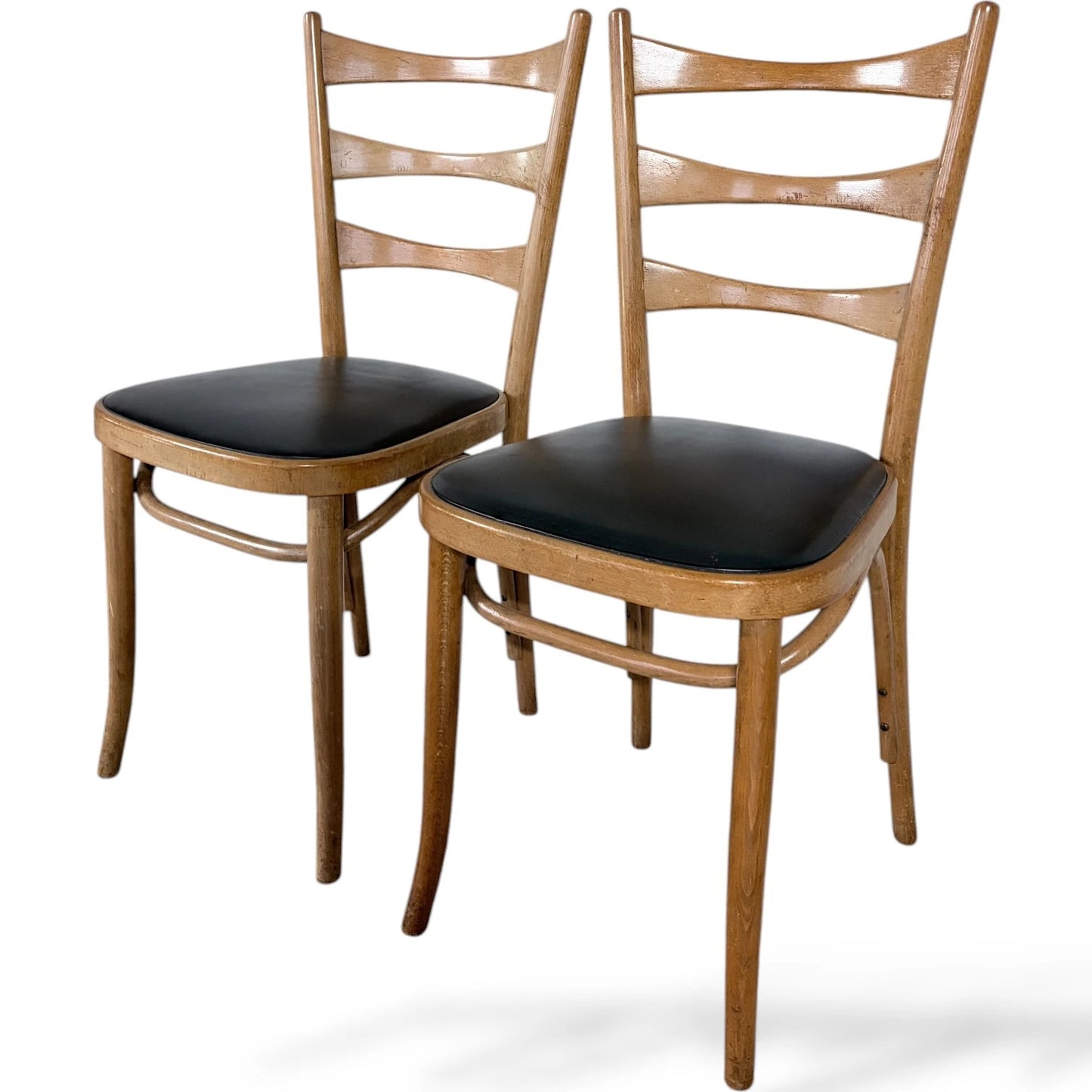Pair of Bentwood Beech Dining Chairs with Black Vinyl Seats – Mid-Century Style