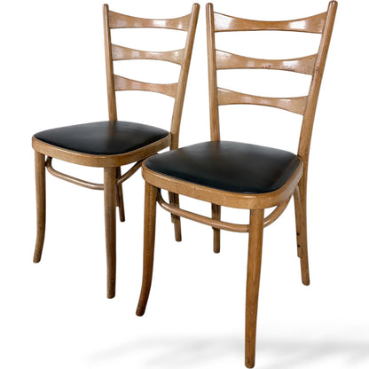 Pair of Bentwood Beech Dining Chairs with Black Vinyl Seats – Mid-Century Style