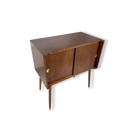 Mid-Century Record Cabinet – Teak Sliding Door Cabinet With Brass Legs — view 8
