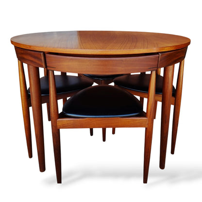 Hans Olsen Frem Røjle Roundette Dining Set | Danish Teak Table & 4 Three-Legged Chairs