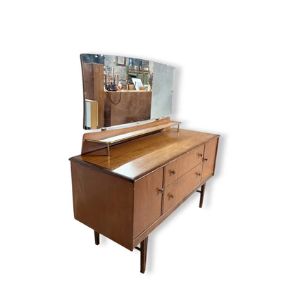 Mid Century Dressing Table | Vintage Teak Vanity with Brass Handles & Mirror