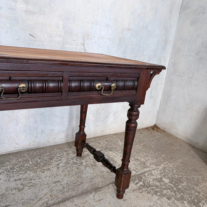 Vintage Pine & Mahogany Console Table with Brass Handle Drawers