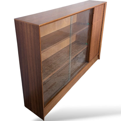 Teak Bookcase With Sliding Glass Doors – Mid Century Adjustable Shelving Cabinet