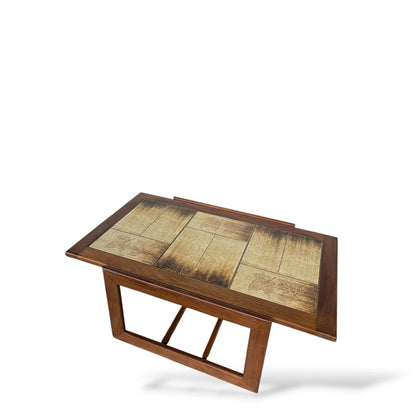 Mid-Century Teak & Tile Coffee Table – 1960s Sledge Base Design