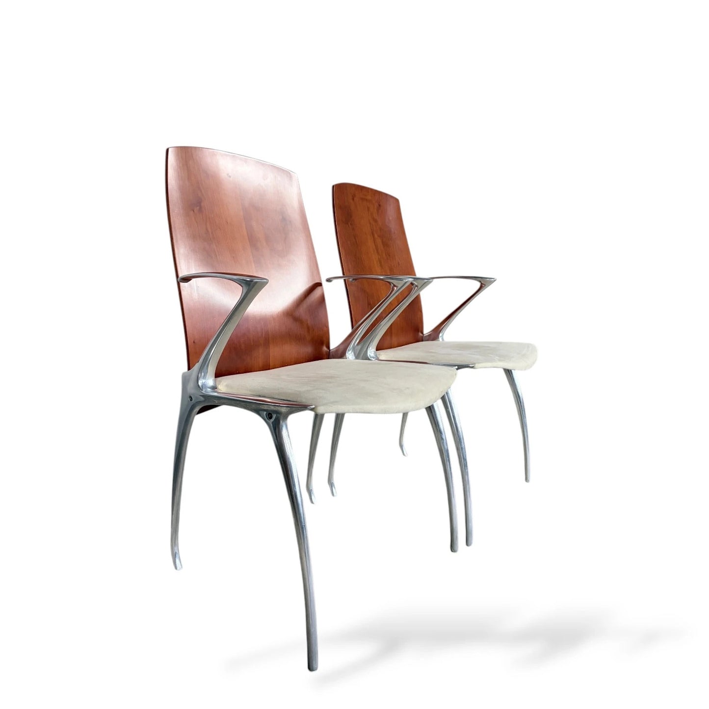 Pair of Japanese ‘Blade Runner’ Sculptural Chairs – Aluminium & Wood Futuristic Design