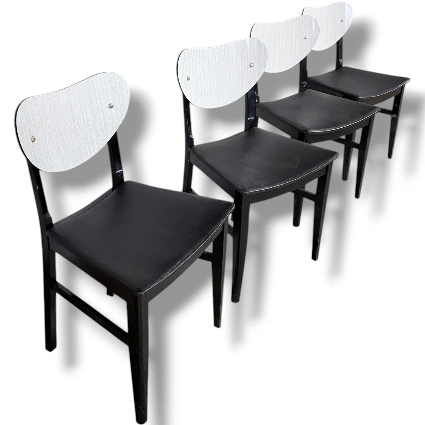 Mid-Century Dining Chairs | Set of Four Vintage White Formica & Black Vinyl Seats