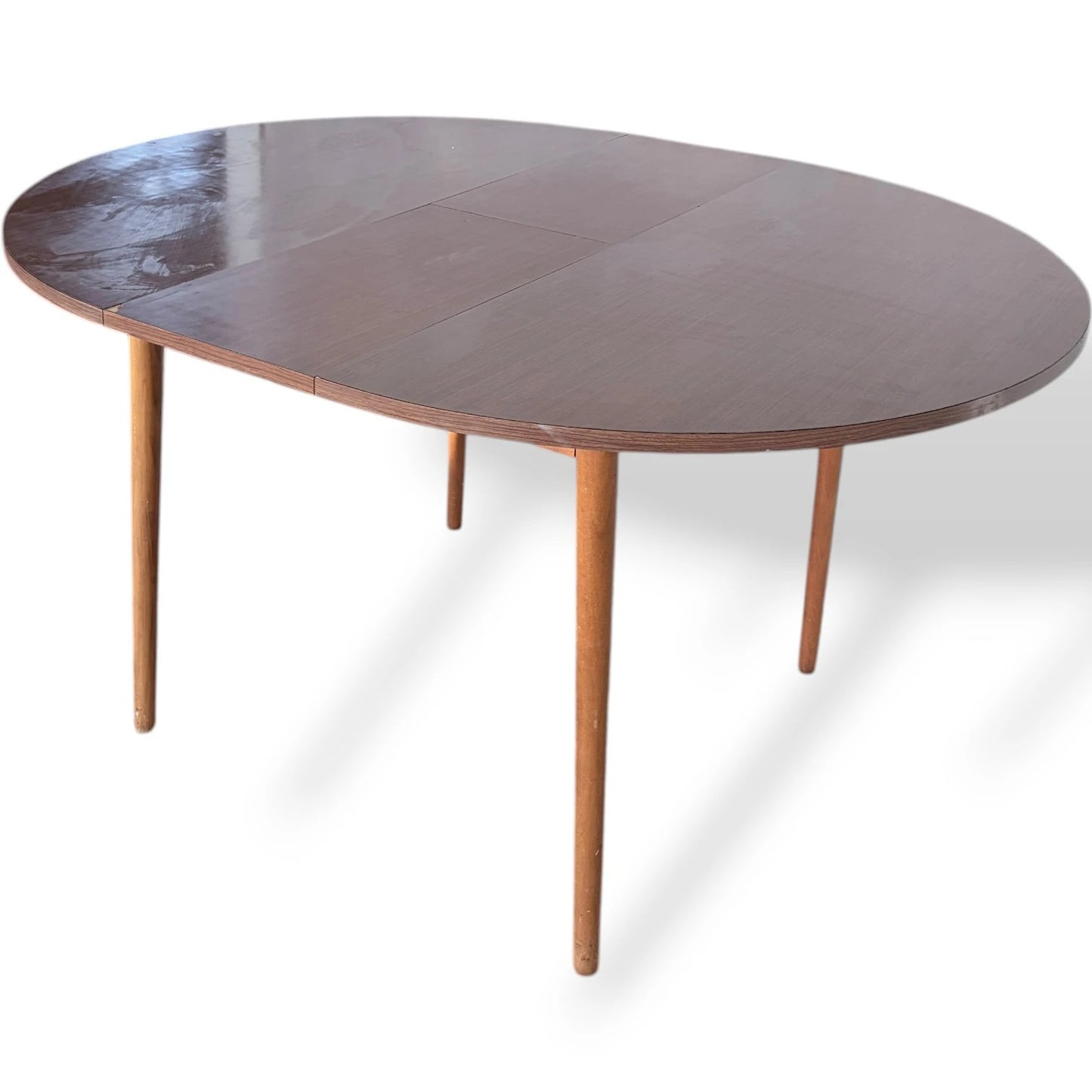 Vintage Round Dining Table With Hidden Extension Leaf | Mid Century Formica Top