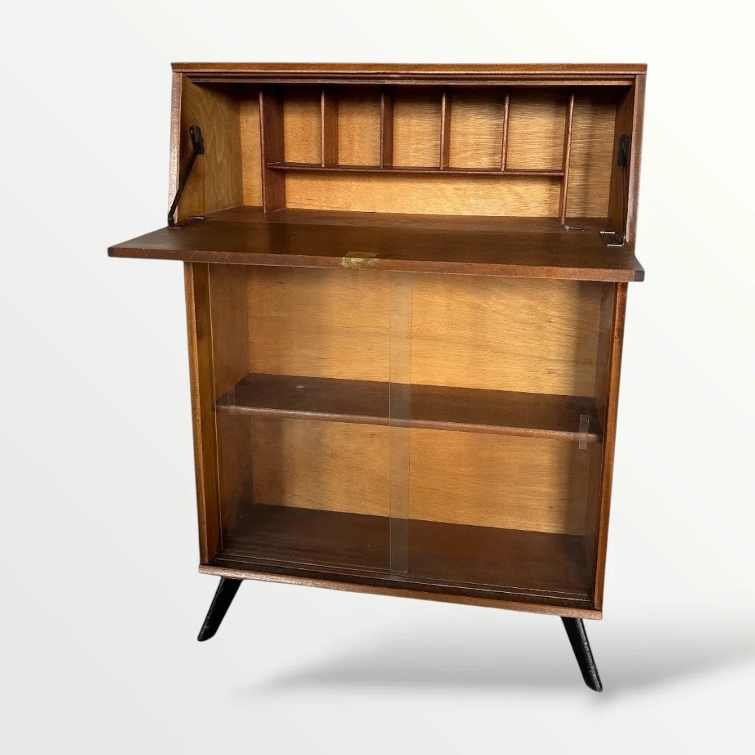 Mid-Century Teak Drinks Cabinet Bureau – Compact Writing Desk & Display Unit