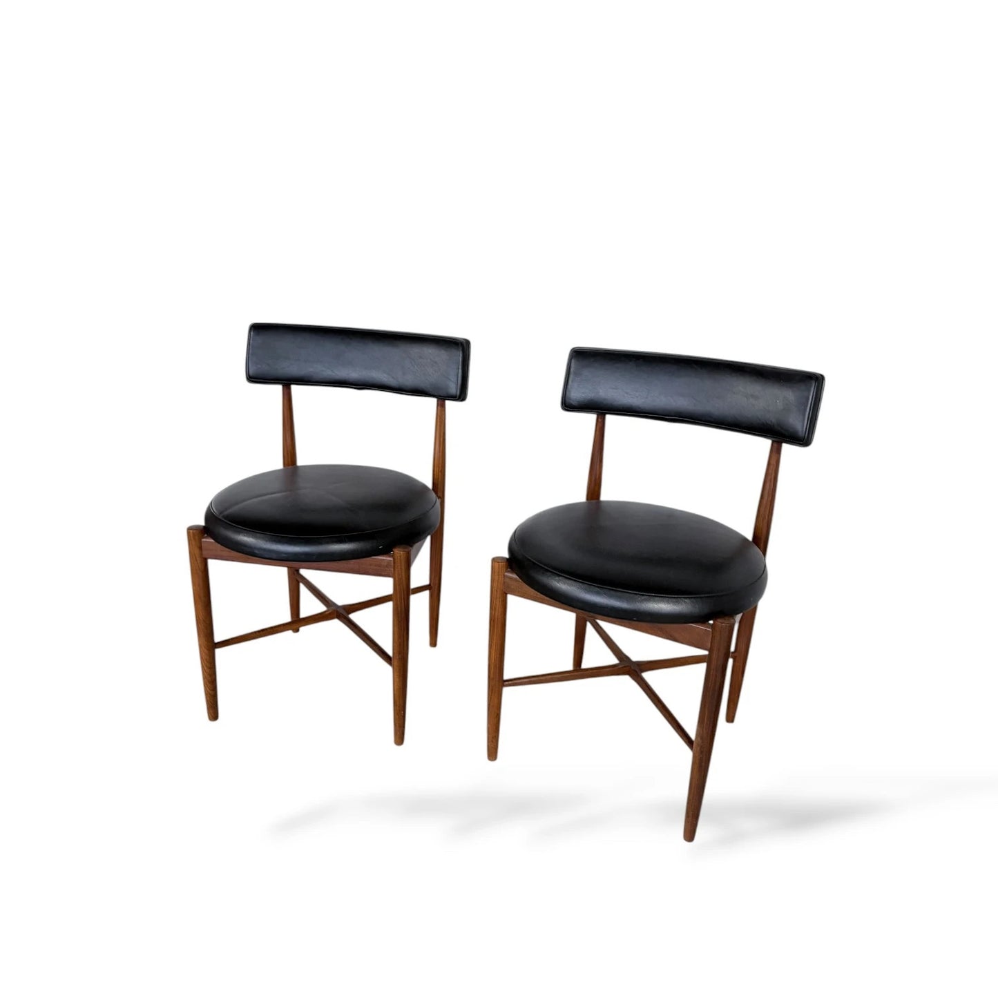 Pair of G Plan Afromosia Teak Dining Chairs – Black Vinyl Seats, 1960s Mid-Century Modern