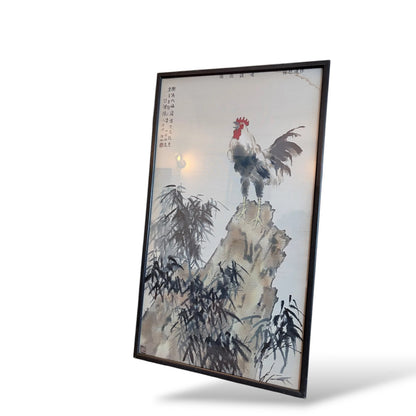 Framed Oriental Rooster Painting – Vintage Ink Wash Art on Silk