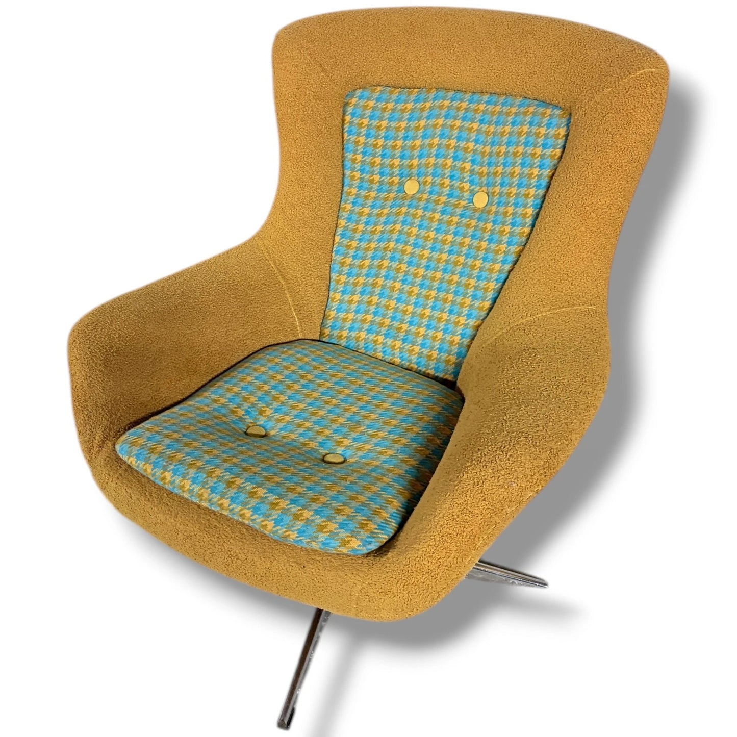 Mid-Century Swivel Chair - Mustard Fabric Lounge With Patterned Cushions & Chrome Base — view 8