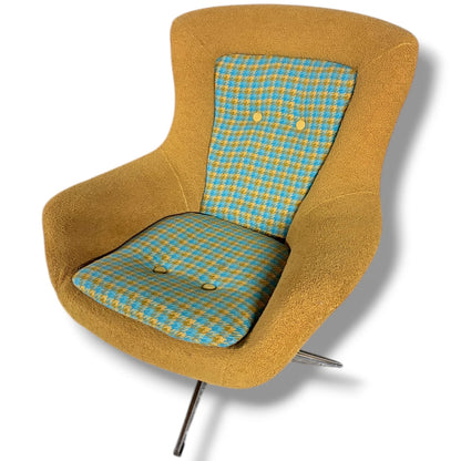 Mid-Century Swivel Chair - Mustard Fabric Lounge With Patterned Cushions & Chrome Base — view 8